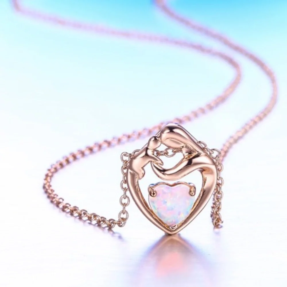 Flyow Fine Jewelry Women’s Loving Mother Child Heart White Opal Necklace
